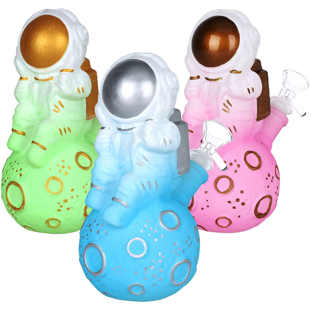Dreamy Astronaut Glow In The Dark Painted Glass Water Pipe - 6.75" / 14mm F / Colors Vary