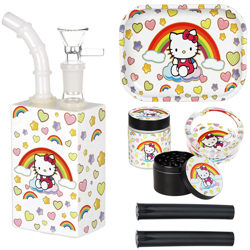 Hello Kitty Juicebox Glass Water Pipe Smoker's Travel Kit - 7" / 14mm F / Rainbow Kitty