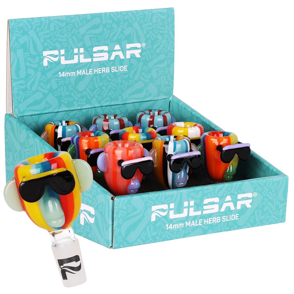 9CT DISPLAY - Pulsar Chill Rainbow Monkey Glass Herb Slide - 14mm M / Assorted Colors