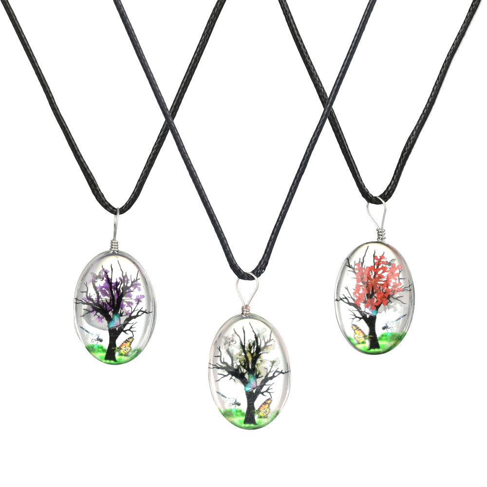 Oval Blooming Tree Glass Pendant Necklace - 20"