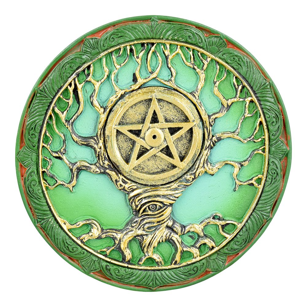 Tree of Life Pentagram Polyresin Round Incense Burner - 4.75"