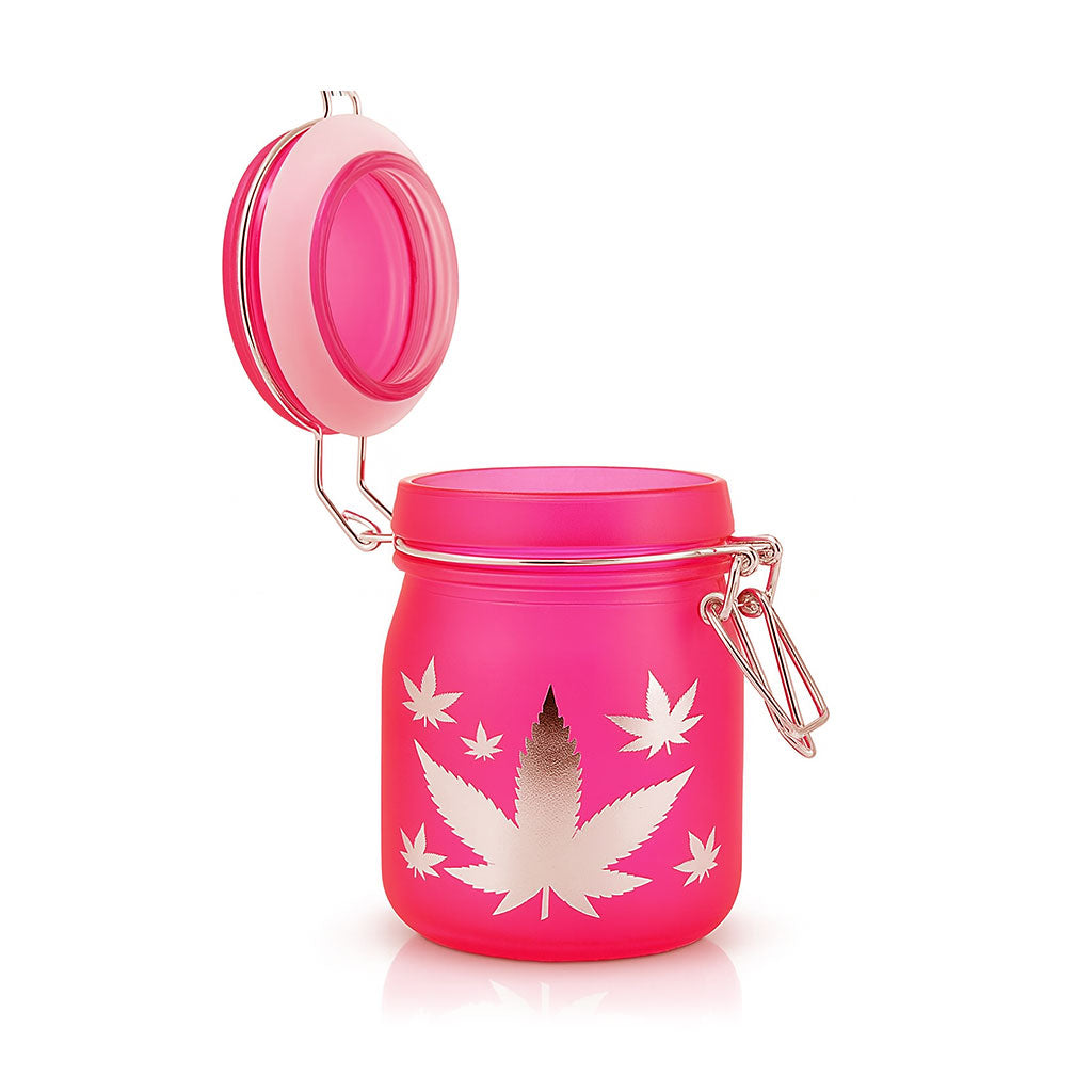 AIRTIGHT GLASS SILVER LEAVES STASH JAR WITH CLAMP LID