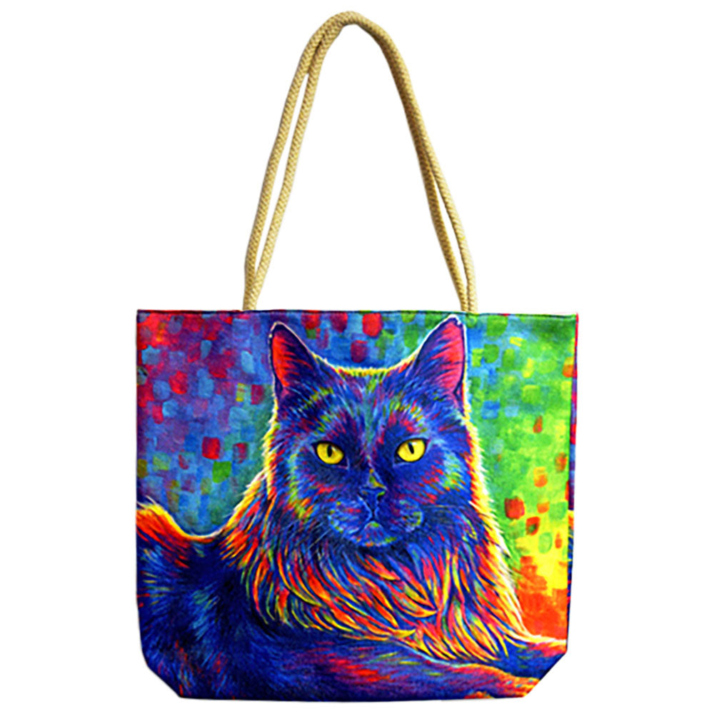 Psychedelic Rainbow Black Cat Tote Bag - Jute Rope-Handled 17"x15"