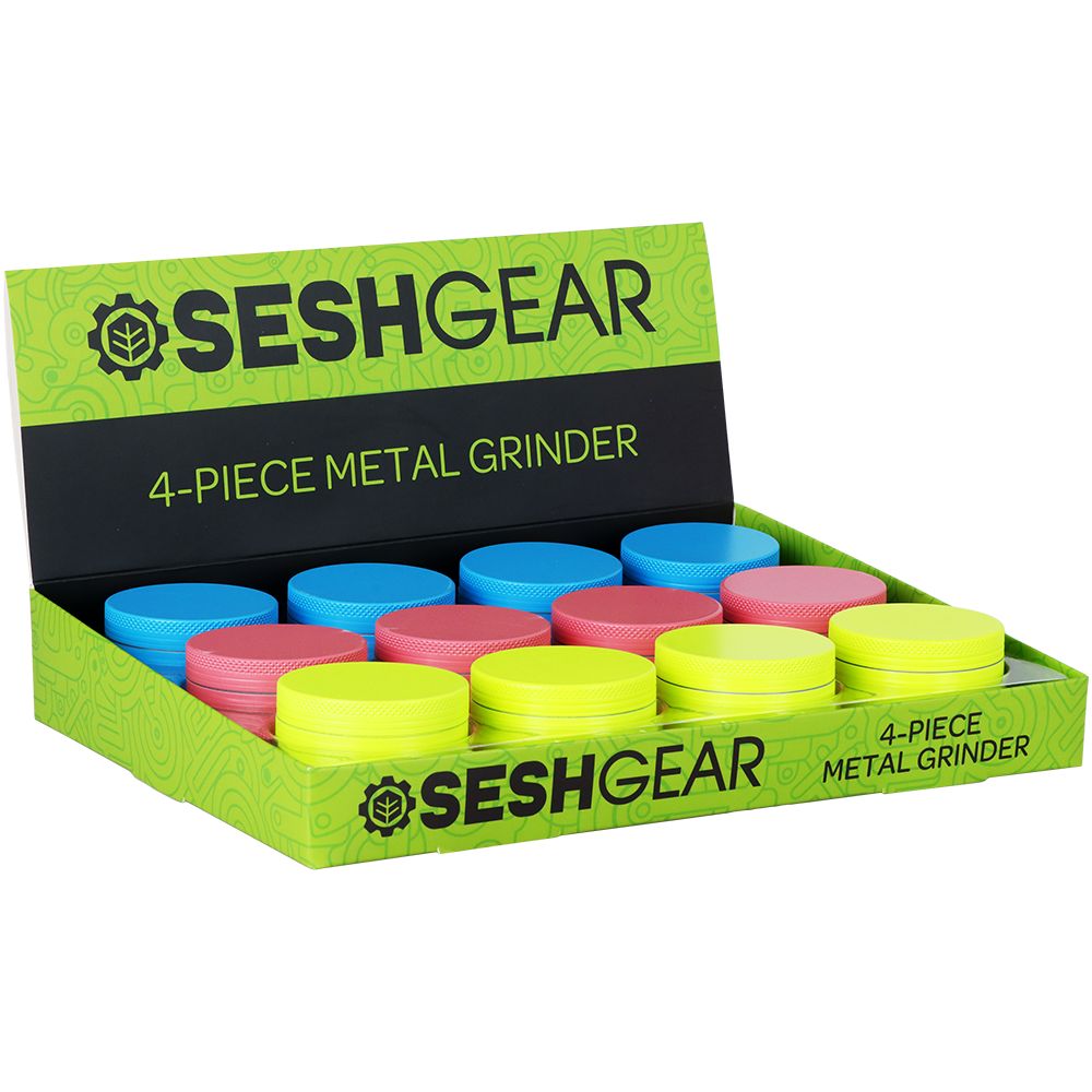 12CT DISPLAY - SeshGear Glow In The Dark Metal Grinder - 4pc / 1.75" / Assorted Colors