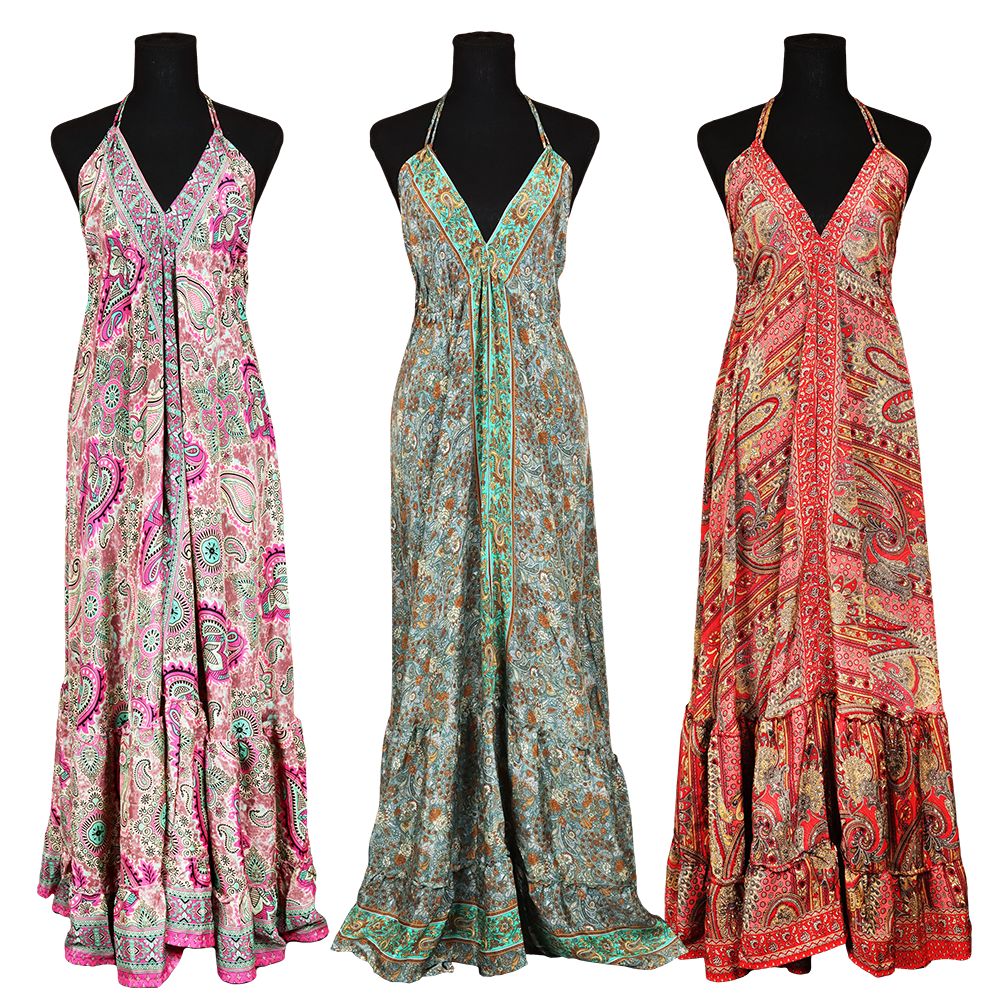 Halter Top Tie Front Silk Full Length Dress - One Size / Styles Vary