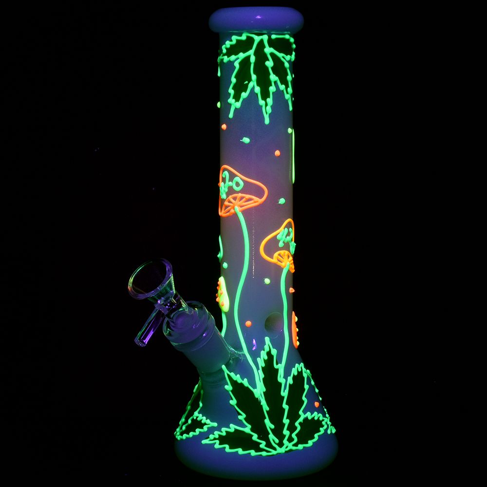 Hemp Leaf & Shrooms Glow In The Dark Bong - 9.5" / 14mm F