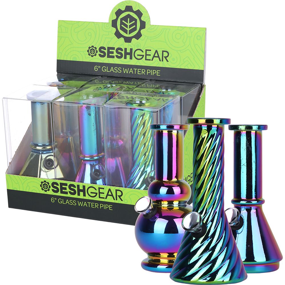 SeshGear Glass Mini Water Pipe | 6" | Grommet | Assorted Styles | 6ct Display