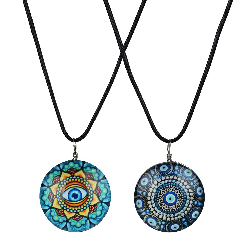 Eye Mandala Round Glass Pendant Necklace - 18" / Designs Vary