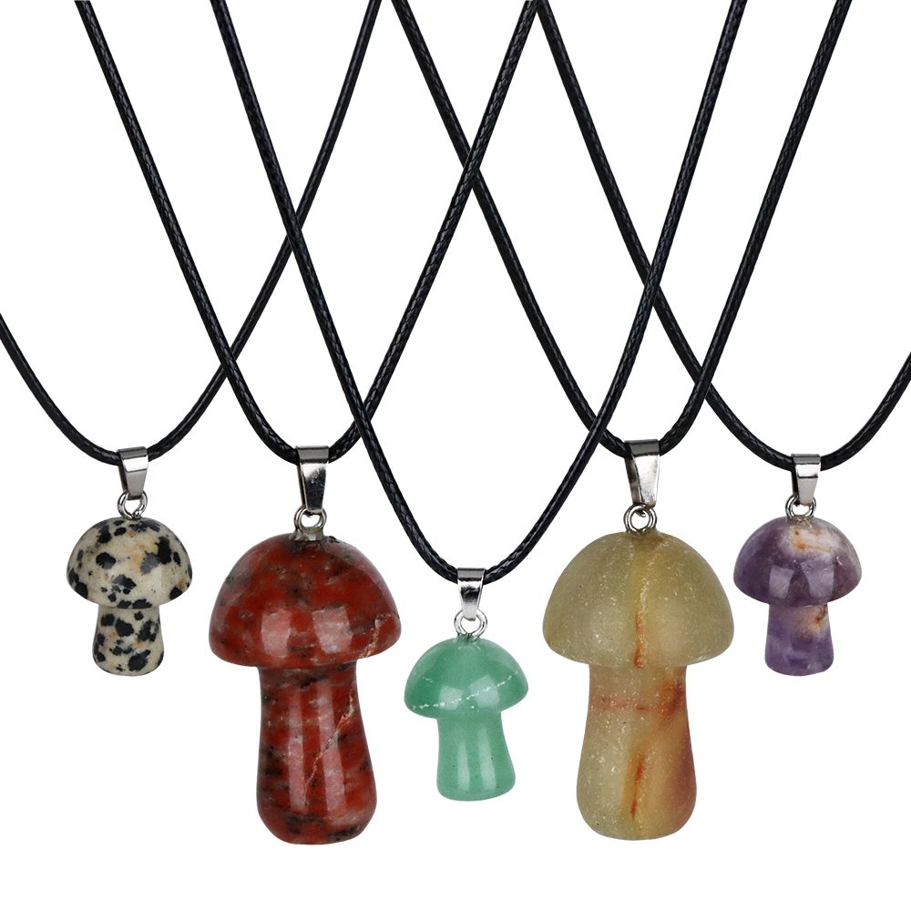 Carved Semi-Precious Gemstone Mushroom Pendant Necklace | 18" | Colors Vary