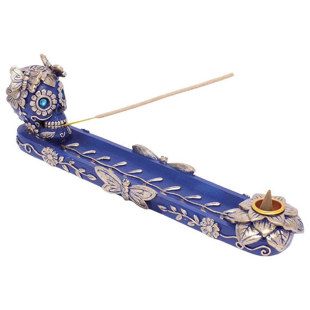 Fujima Golden Blue Skull & Butterfly Stick & Cone Incense Burner - 11"