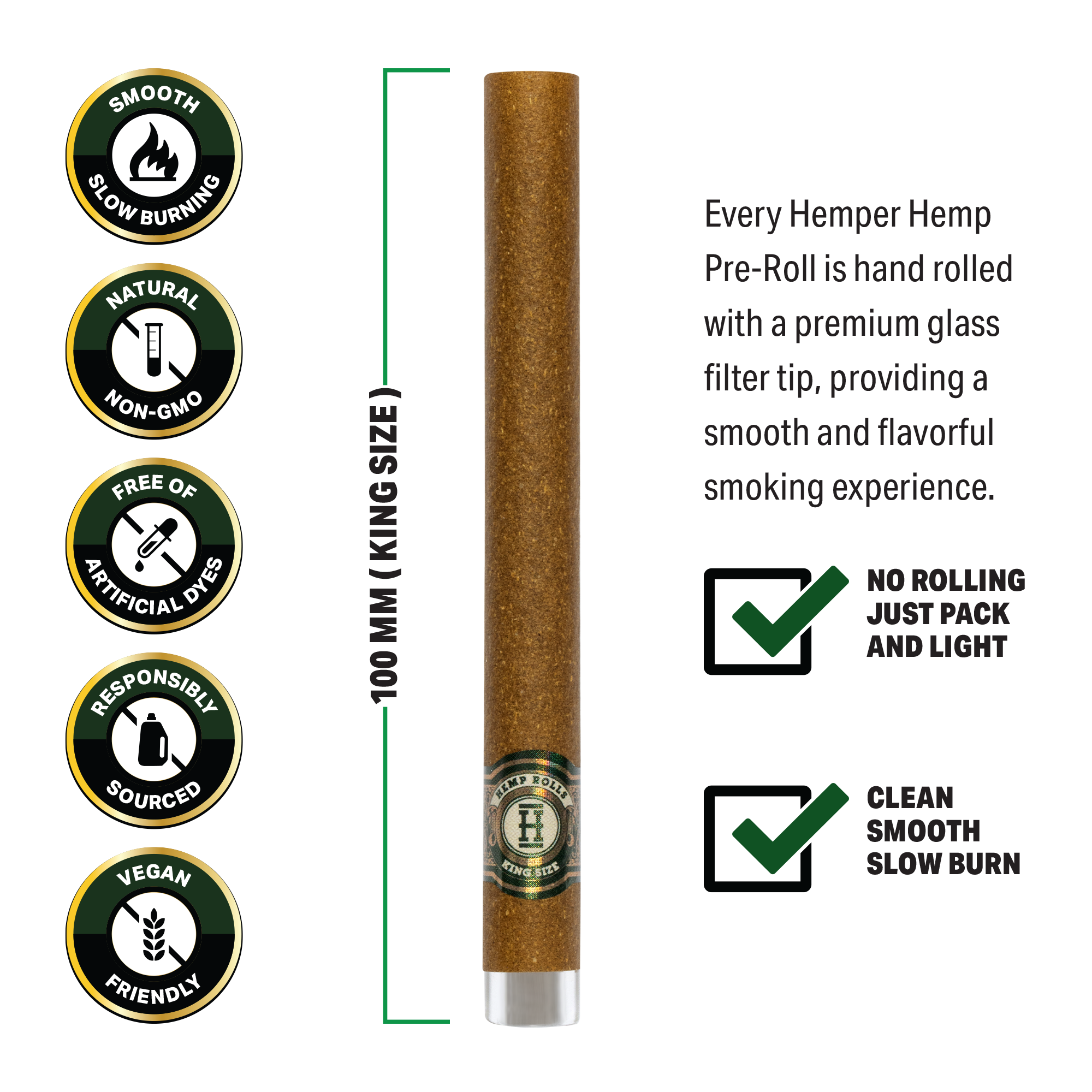 Pre-Rolled King Size Glass Tipped Hemp Rolls | 2PK