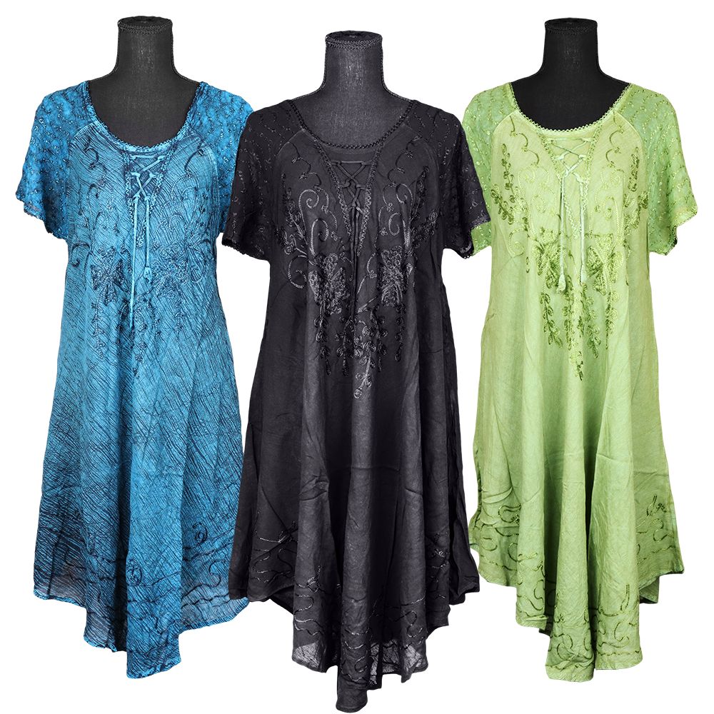 Embroidered Short Sleeve Dress - One Size / 38.5" / Colors Vary