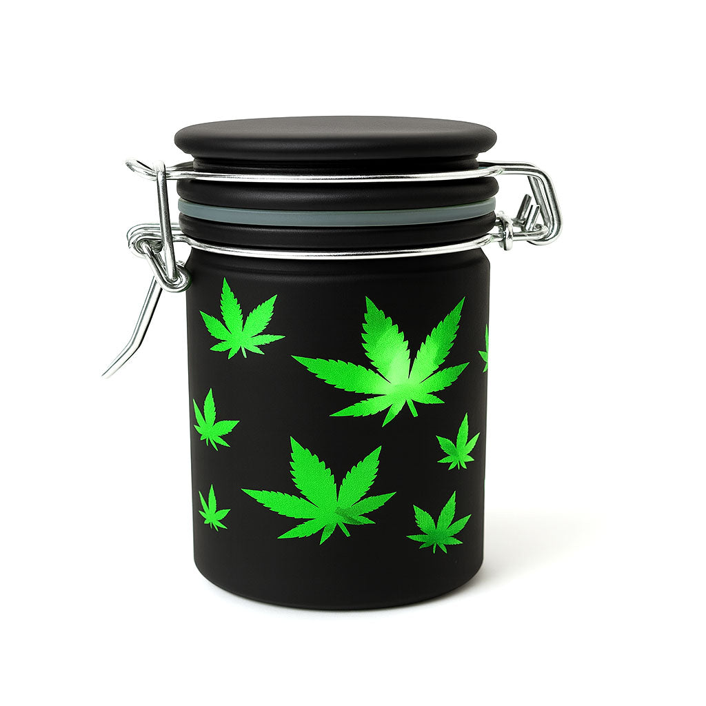 AIRTIGHT BLACK FROSTED GLASS STORAGE JAR WITH GREEN LEAF DESIGN