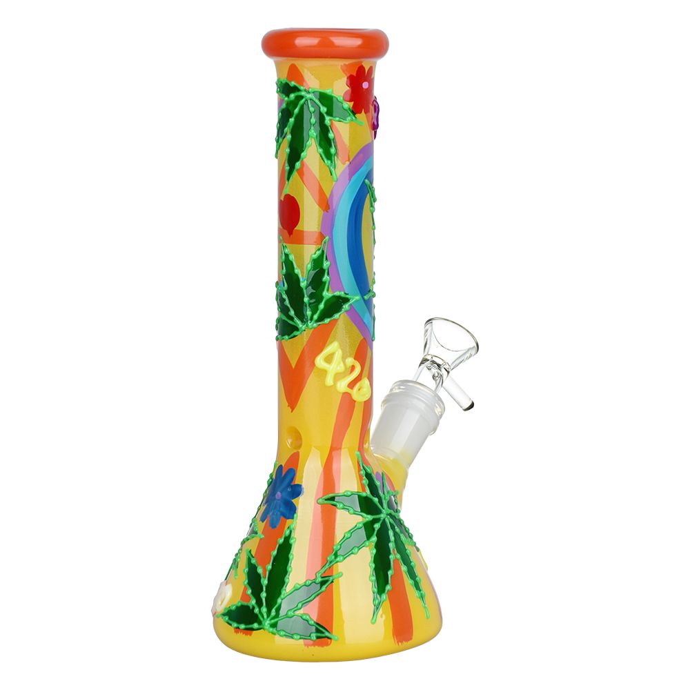 Hemp Leaf Glow In The Dark Beaker Glass Bong - 9.25"