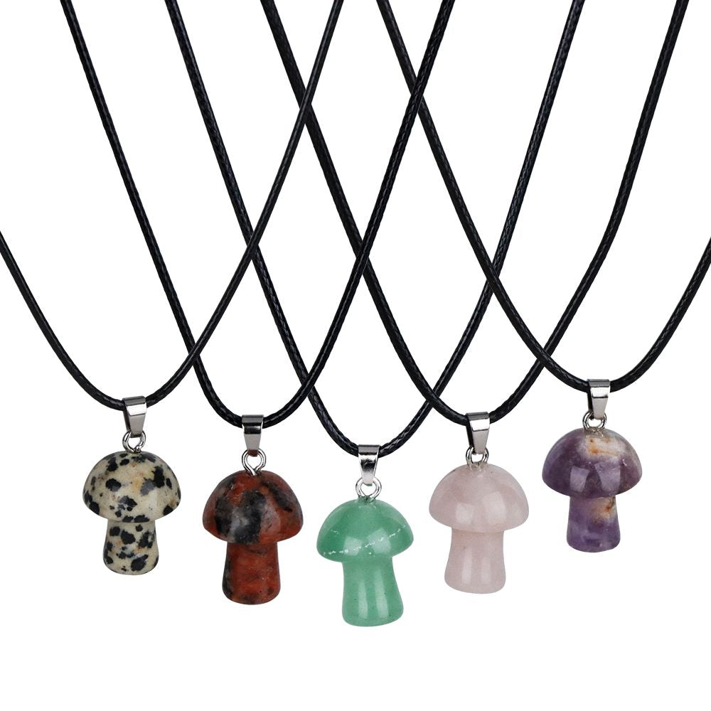 Carved Semi-Precious Gemstone Mushroom Pendant Necklace | 18" | Colors Vary
