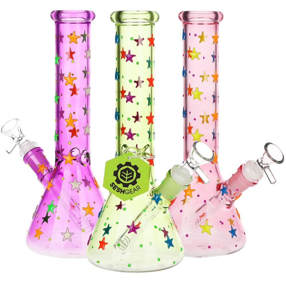 3CT BUNDLE - SeshGear Shining Star Beaker Glass Water Pipe - 10" / 14mm F / Assorted Colors