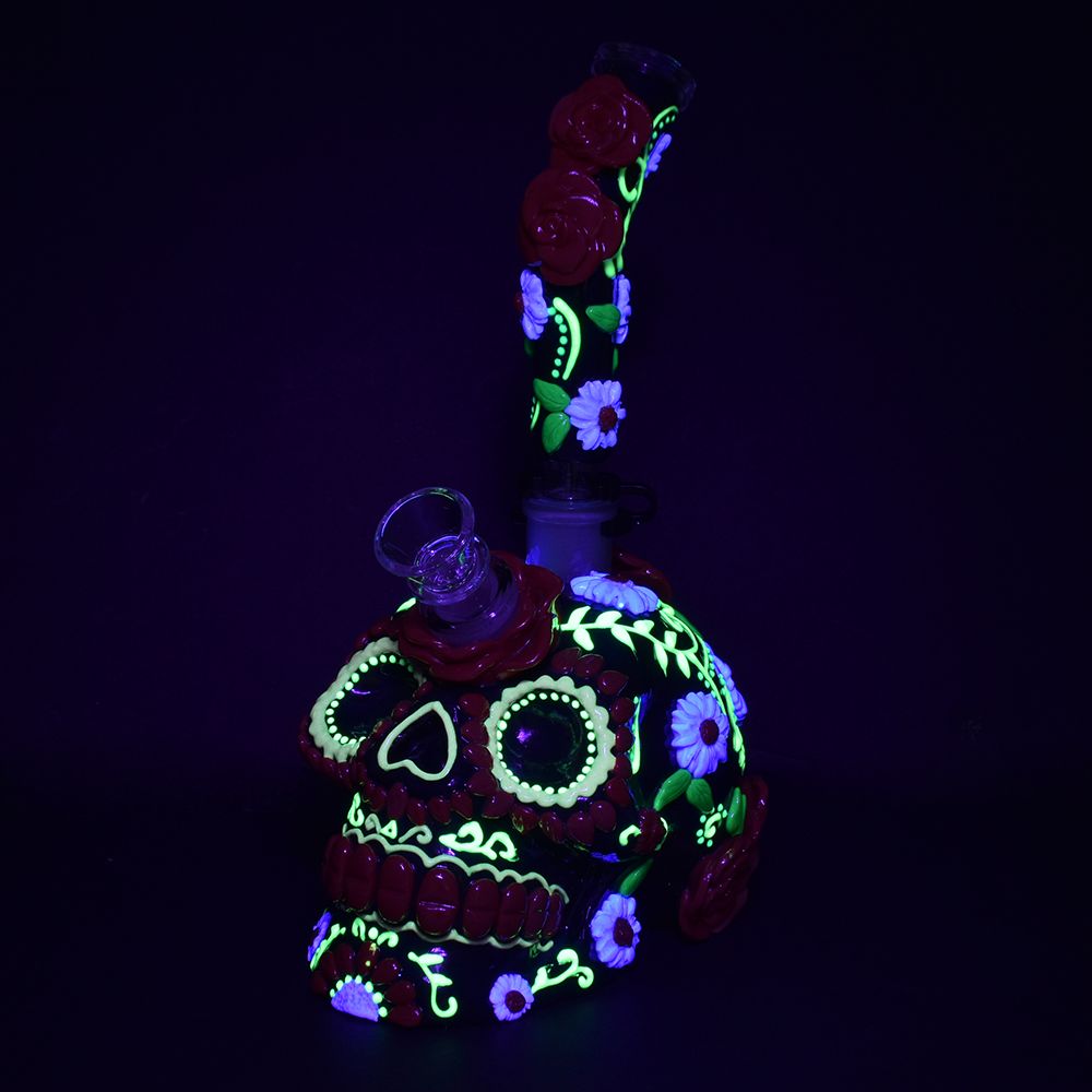 Heavy Flowered Sugar Skull Glass Water Pipe - 10" / 19mm F