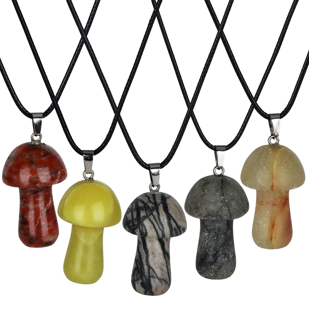 Carved Semi-Precious Gemstone Mushroom Pendant Necklace | 18" | Colors Vary