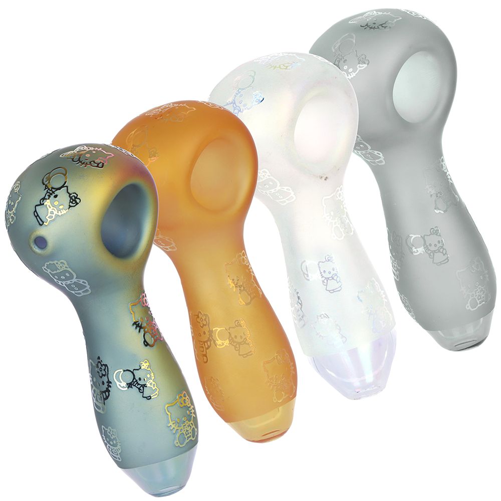4CT BUNDLE - Hiya Cat Electroplated Etched Glass Spoon Pipe - 4" / Assorted Colors