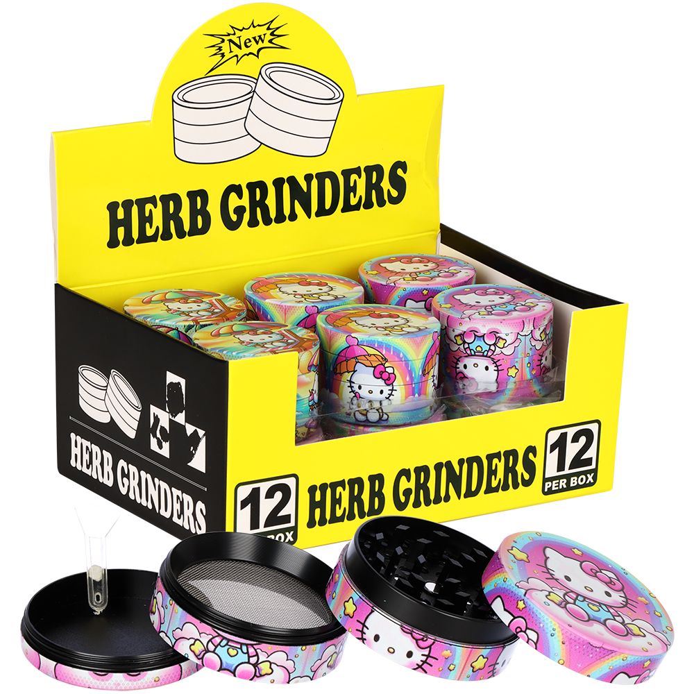 12CT DISPLAY - Kitty Aluminum Grinder - 4pc / 2" / Assorted Designs