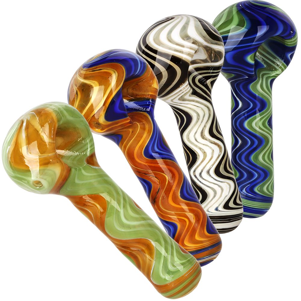 4CT BUNDLE - Swirling Wig Wag Glass Spoon Pipes - 4"