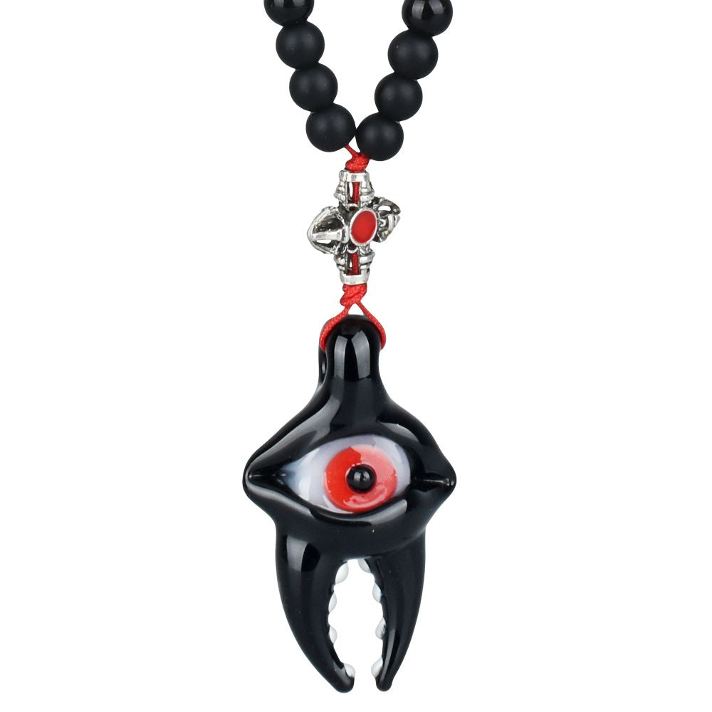 Eye Tooth Glass Pendant with Beaded String Necklace - 14"