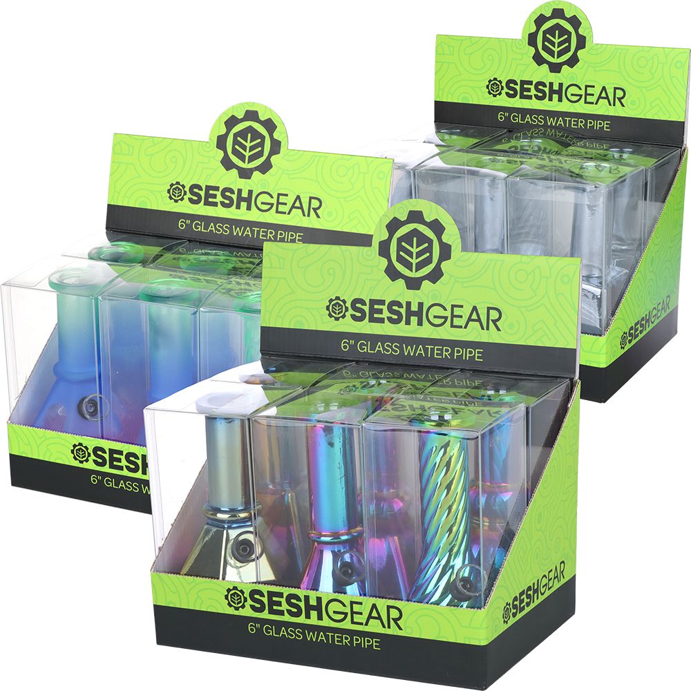 SeshGear Glass Mini Water Pipe | 6" | Grommet | Assorted Styles | 6ct Display